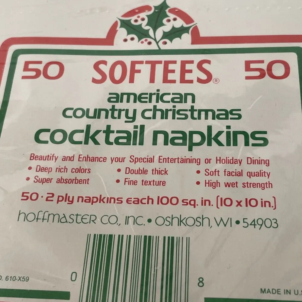NOS Vintage Christmas Cocktail Napkins Package Of 50 Folk Art Santa Wreath New